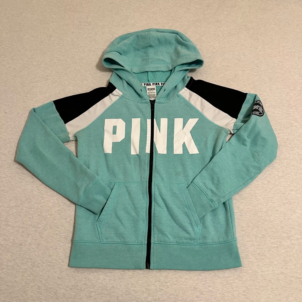 PINK Victoria's Secret Full Zip Hoodie‎ Teal Colorblock Logo Small